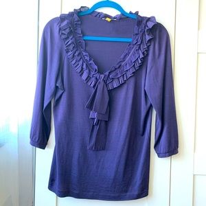 Leifsdottir Purple Silk/Cotton 3/4 sleeve knit Top ruffled neckline bow sz M